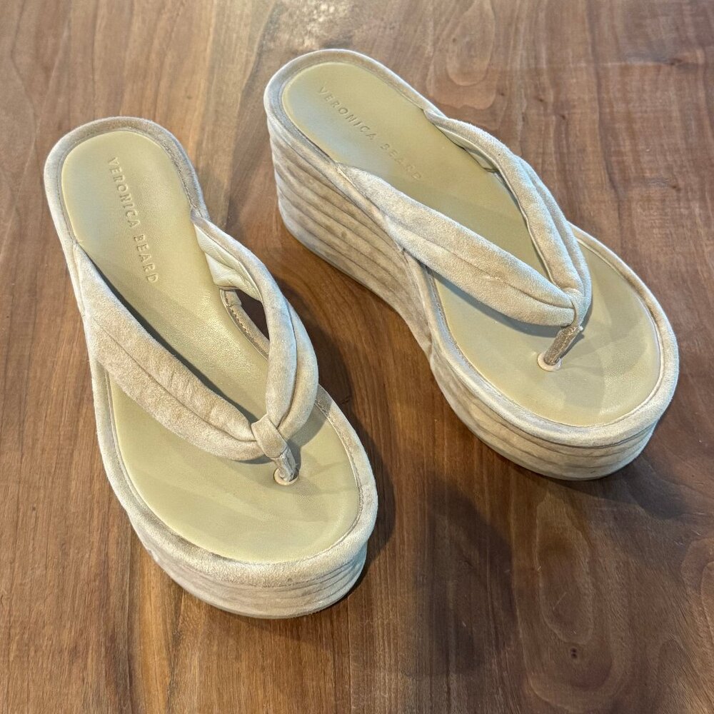 Veronica Beard tan Geno Suede Platform Thong Wedge Sandals
